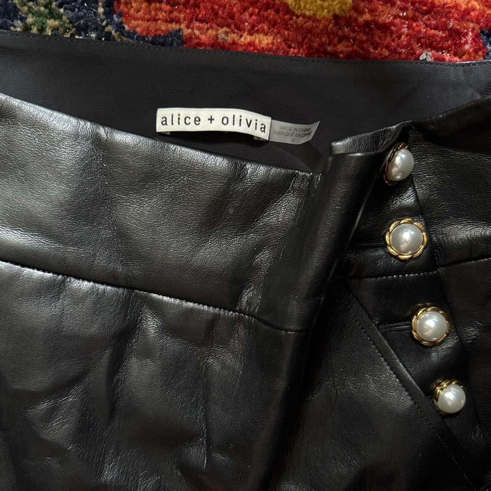 Alice + Olivia Black Leather Skirt with Pearl Details - Picture 3 of 3